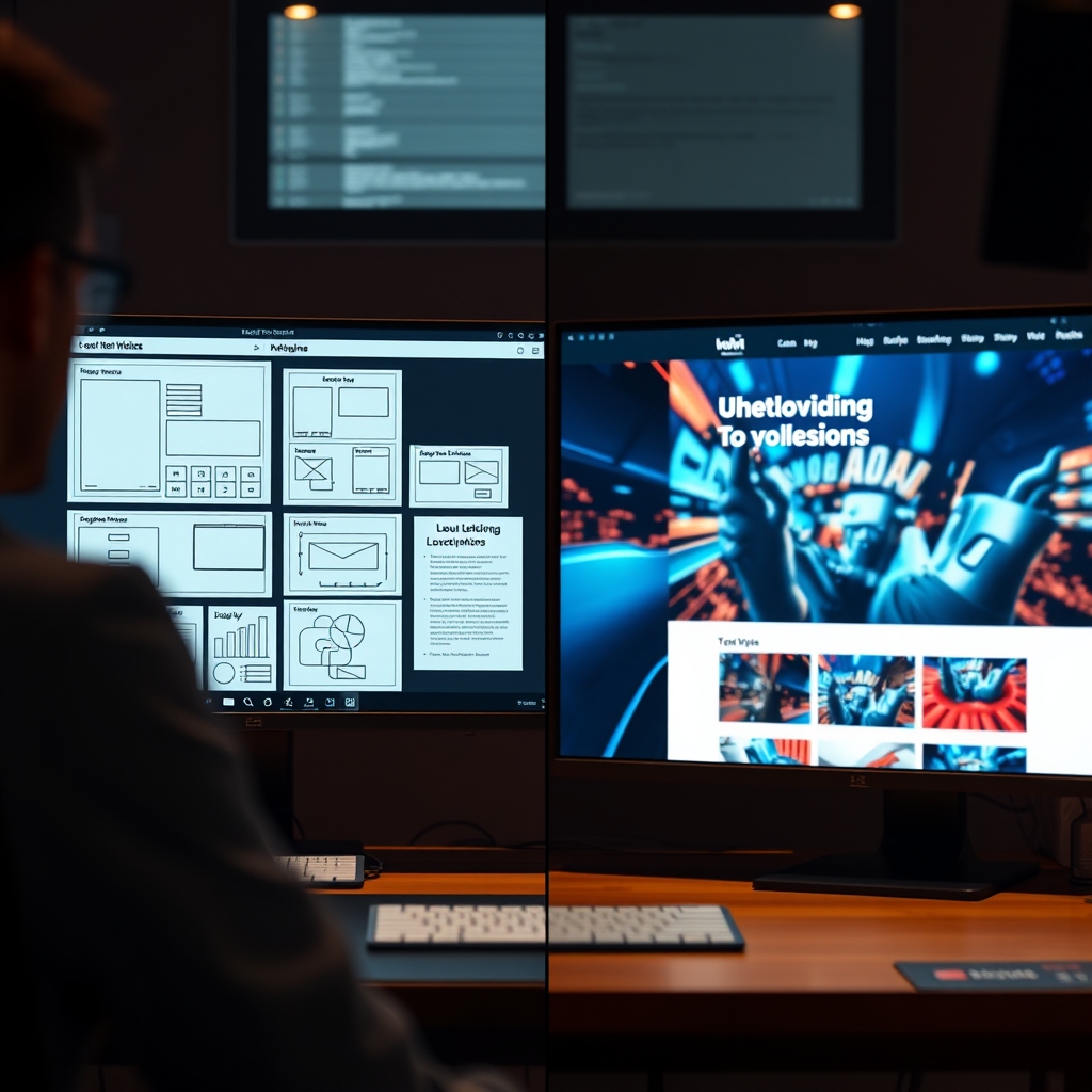 A split-screen view showing a designer's workspace on one side with layout wireframes, and the final interactive website on the other side with a looping video background that complements the content.