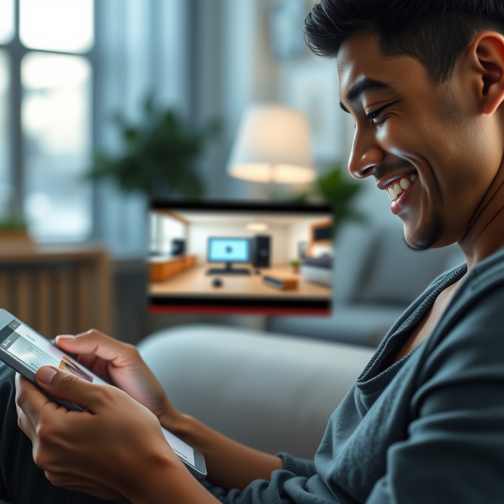A person smiling while interacting with a tablet, watching a product video that is perfectly framed within a clean app interface, creating an immersive and engaging experience.
