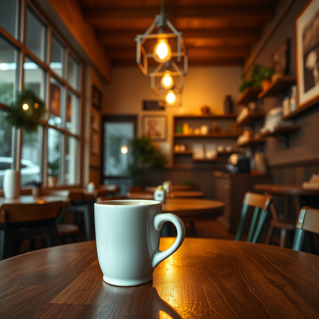 A cozy, warmly lit cafe where every detail, from the mug to the light, feels personal and inviting, evoking a sense of comfort and belonging.
