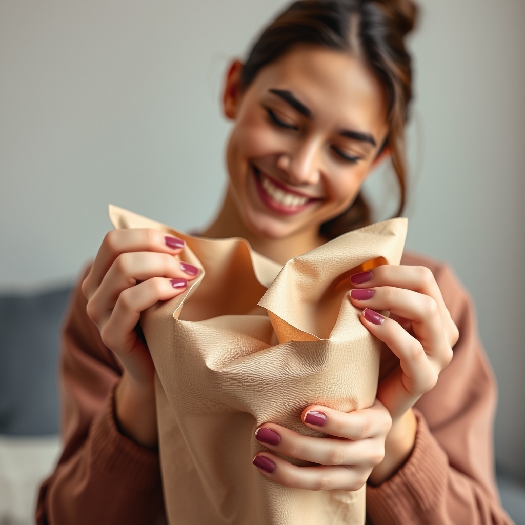 A person unwrapping a beautifully designed product package with a smile, where the texture, color, and minimal design all convey a consistent sense of calm and premium quality.