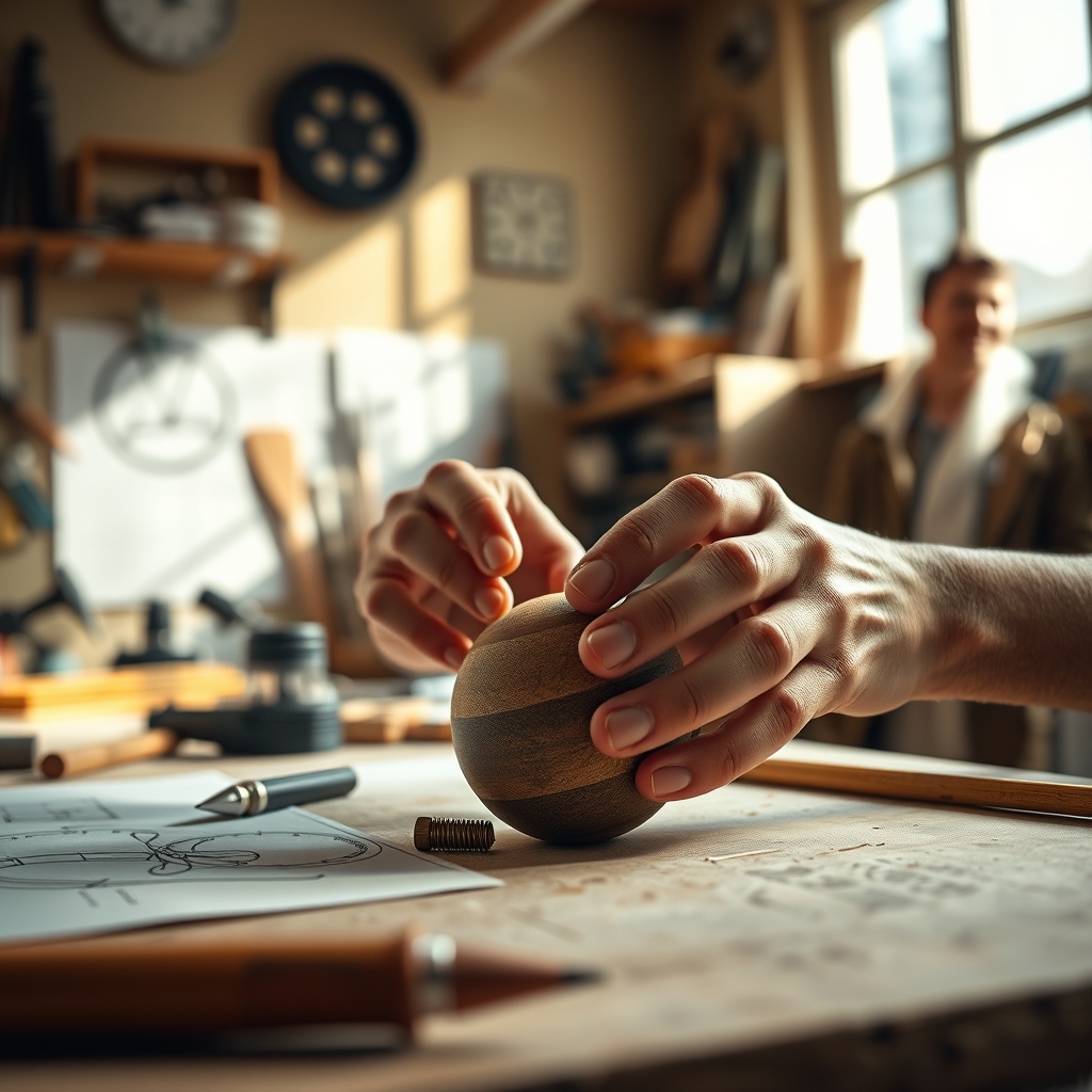 A close-up of hands crafting a unique object in a sunny studio, surrounded by tools and sketches, representing the authentic passion and unique temperature behind a brand's creation.